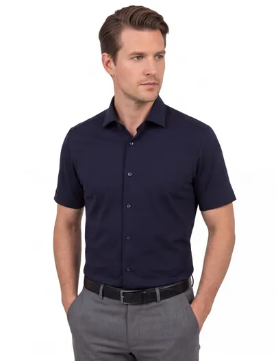 Olymp Olymp overhemd korte mouw body fit zwart semi-wide spread boord slim fit