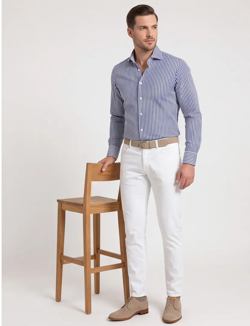 Olymp overhemd donkerblauw gestreept slim fit katoen