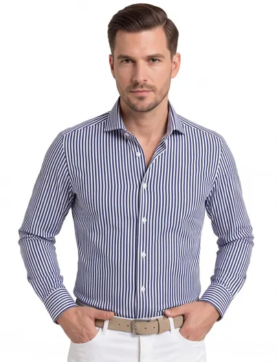Olymp Olymp overhemd donkerblauw gestreept slim fit katoen