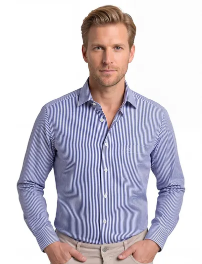 Olymp Olymp overhemd mouwlengte 7 normale fit blauw gestreept katoen