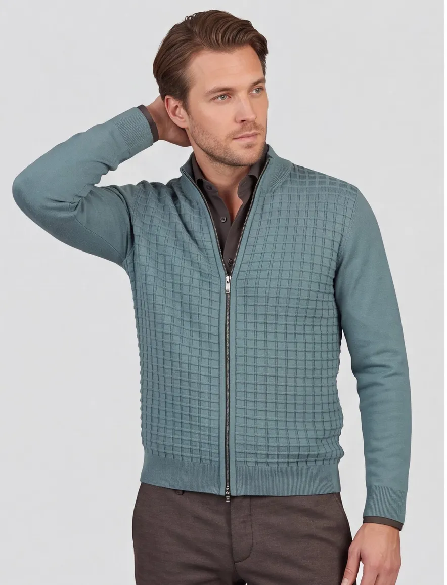 Blue Industry trui ronde hals turquoise rits geruit patroon