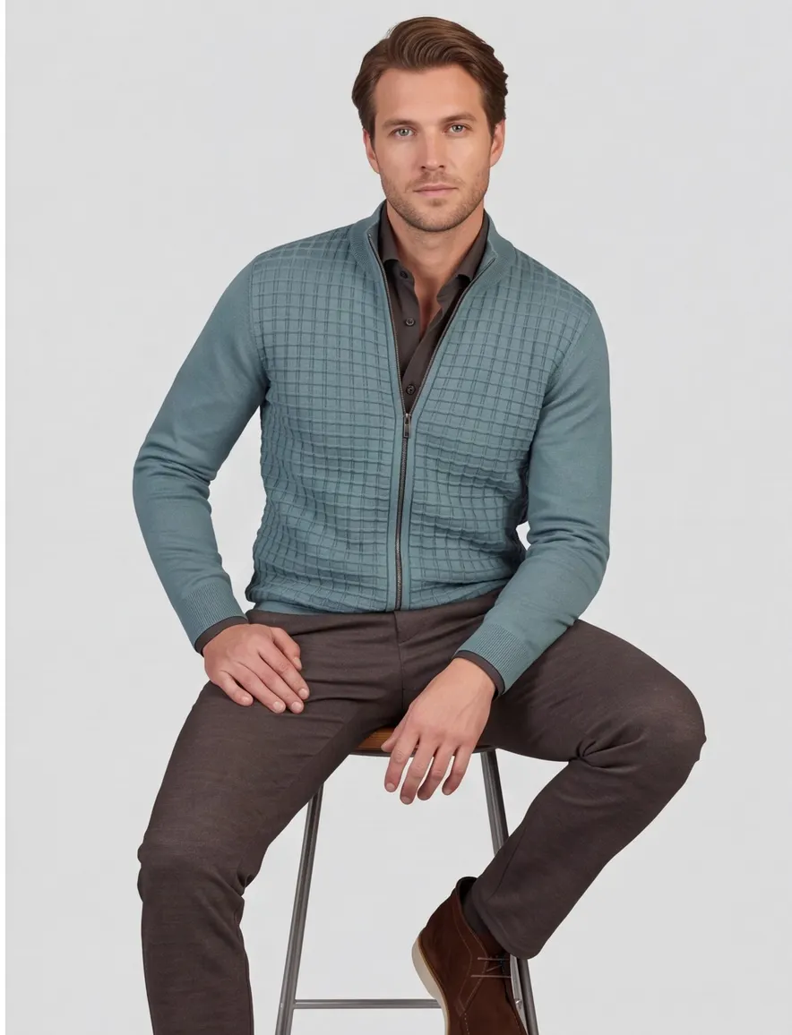 Blue Industry trui ronde hals turquoise rits geruit patroon