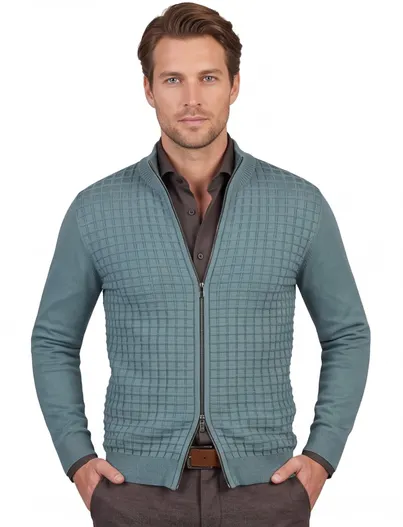 Blue Industry Blue Industry trui ronde hals turquoise rits geruit patroon