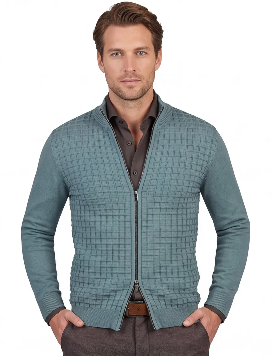 Blue Industry trui ronde hals turquoise rits geruit patroon