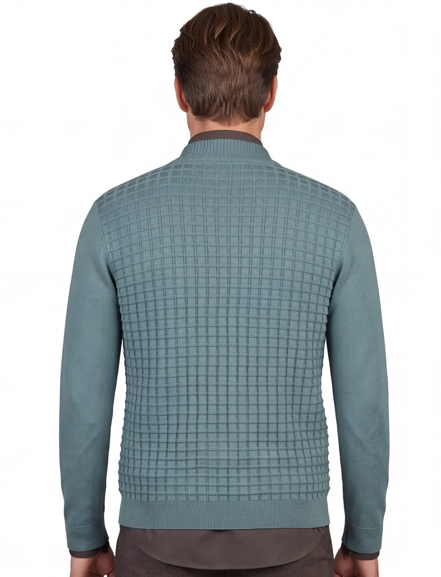 Blue Industry trui ronde hals turquoise rits geruit patroon