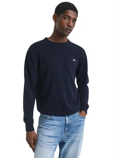 Gant Gant trui ronde hals donkerblauw effen lamswol normale fit