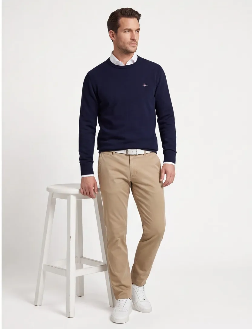 Gant gebreide trui donkerblauw effen lamswol ronde hals