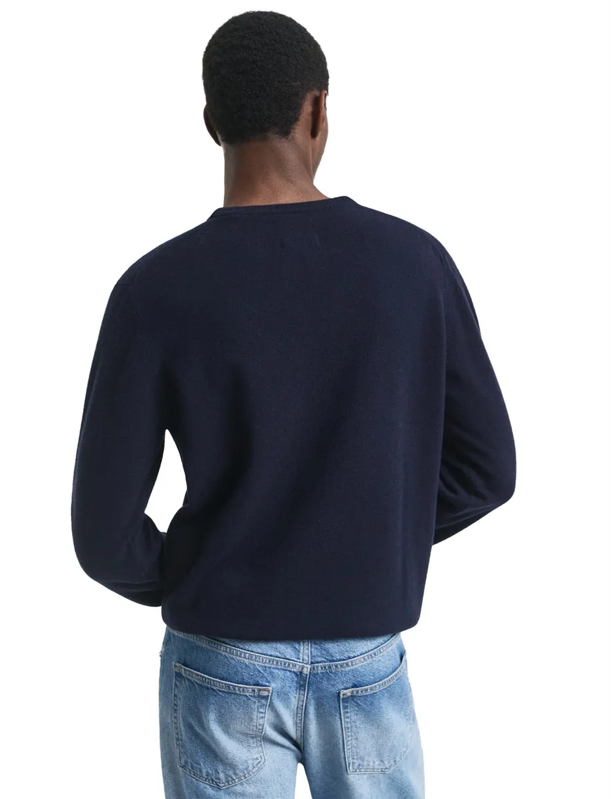 Gant trui ronde hals donkerblauw effen lamswol normale fit