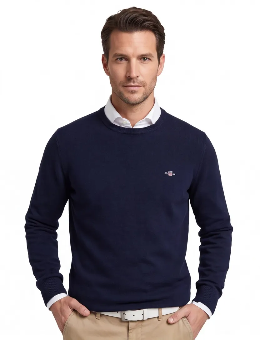 Gant gebreide trui donkerblauw effen lamswol ronde hals