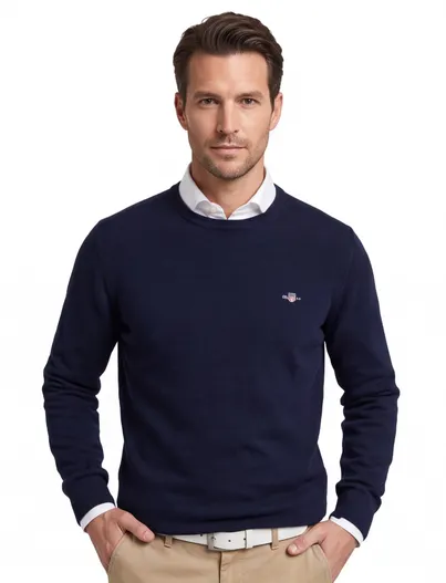 Gant Gant trui ronde hals donkerblauw effen lamswol normale fit