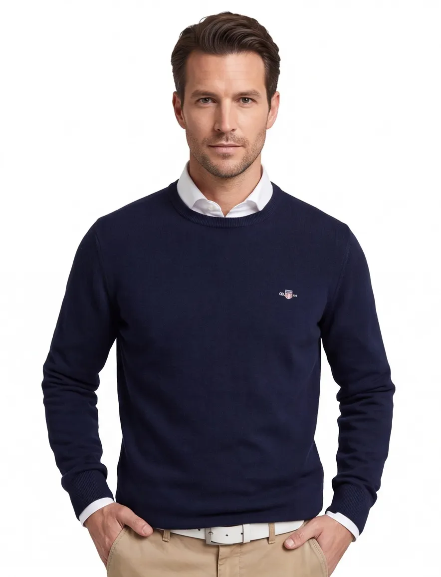 Gant trui ronde hals donkerblauw effen lamswol normale fit