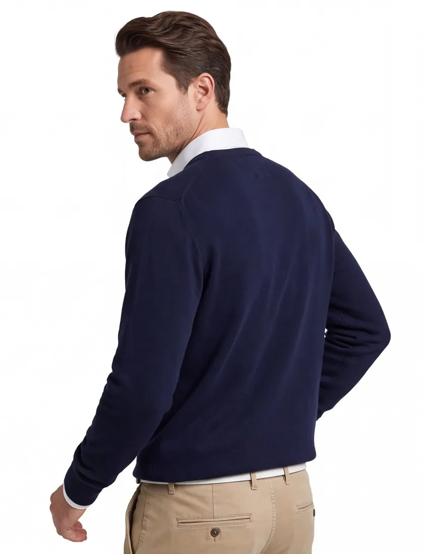 Gant gebreide trui donkerblauw effen lamswol ronde hals