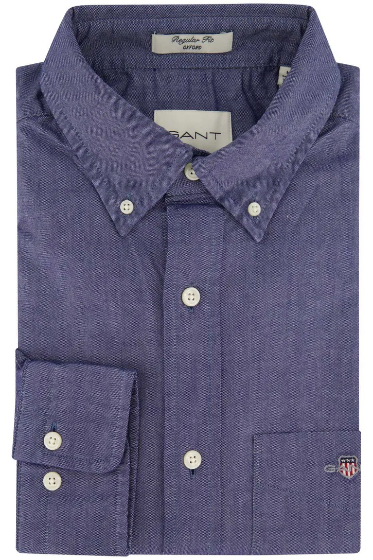 Gant casual overhemd Regular Fit blauw effen katoen witte knopen