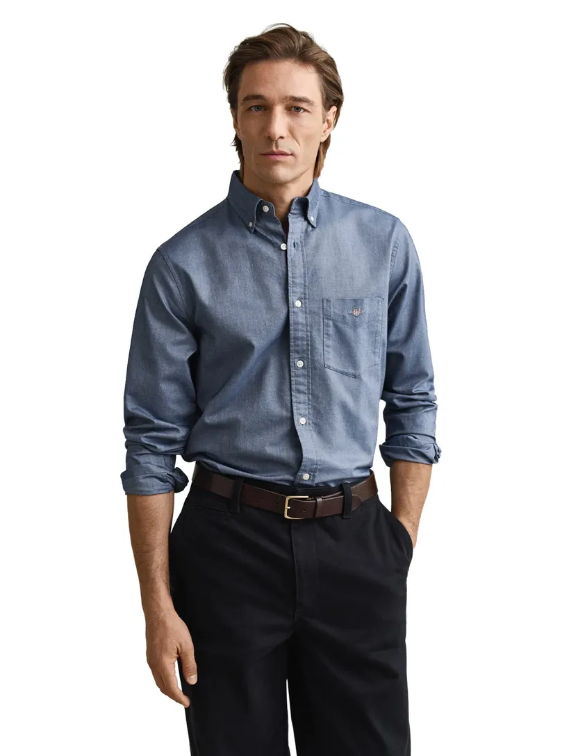 Gant casual overhemd Regular Fit blauw effen katoen witte knopen