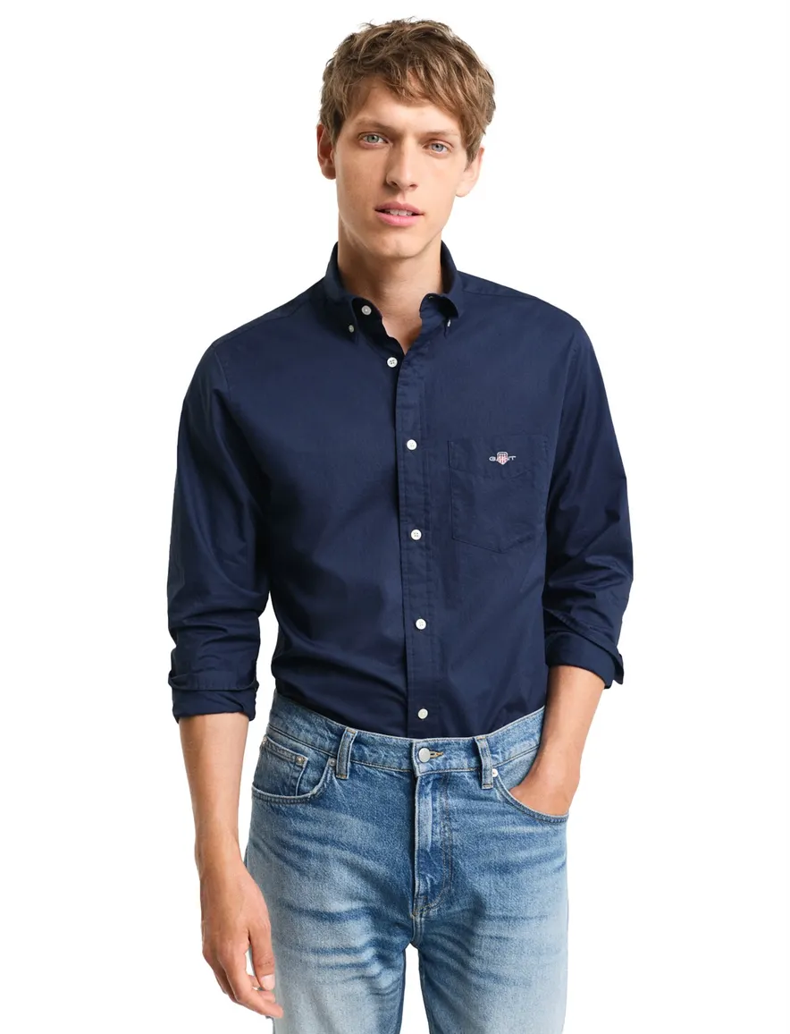 Gant casual overhemd normale fit donkerblauw effen