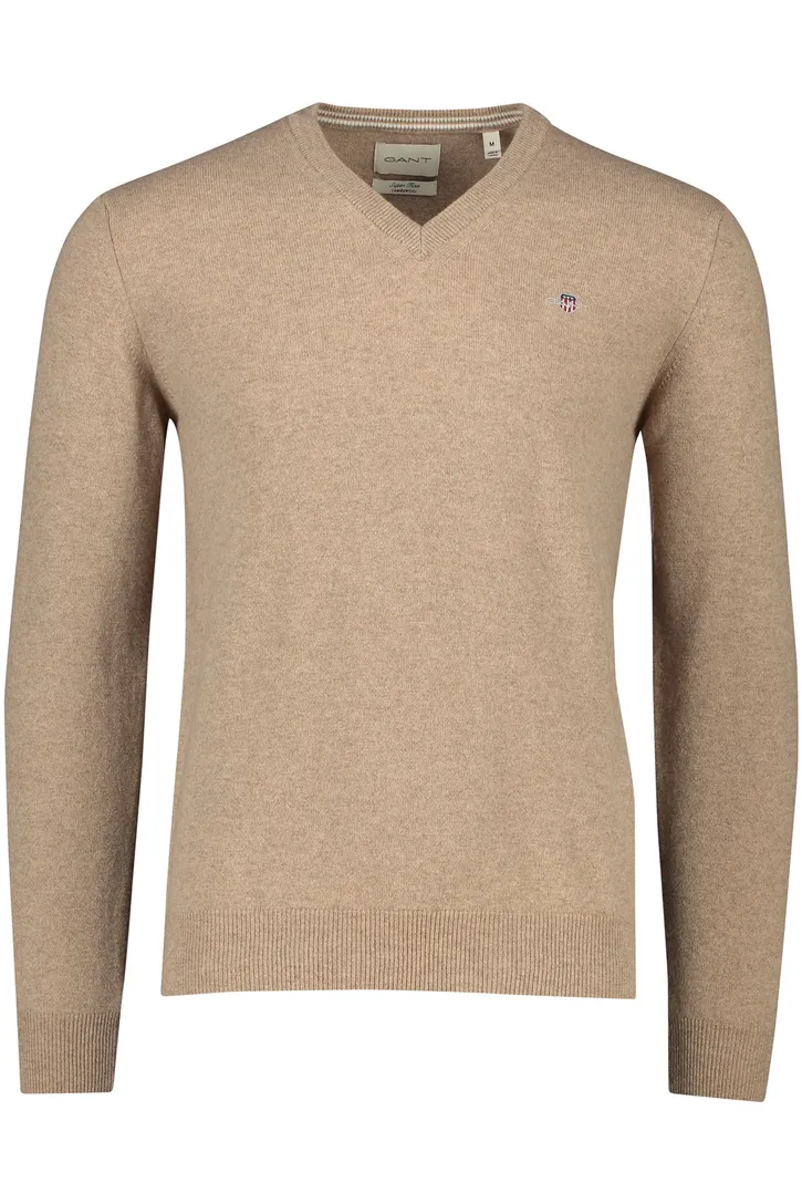 Gant trui v-hals beige effen lamswol met logo
