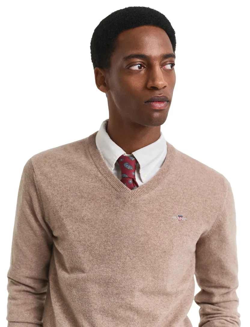 Gant trui v-hals beige effen lamswol met logo