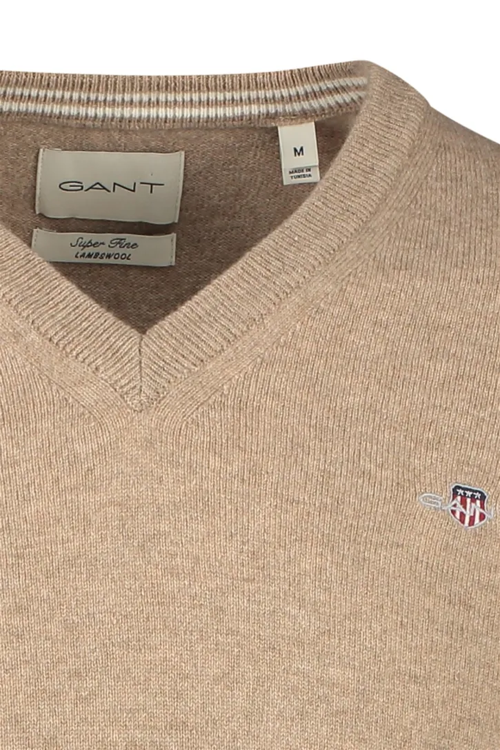 Gant trui v-hals beige effen lamswol met logo
