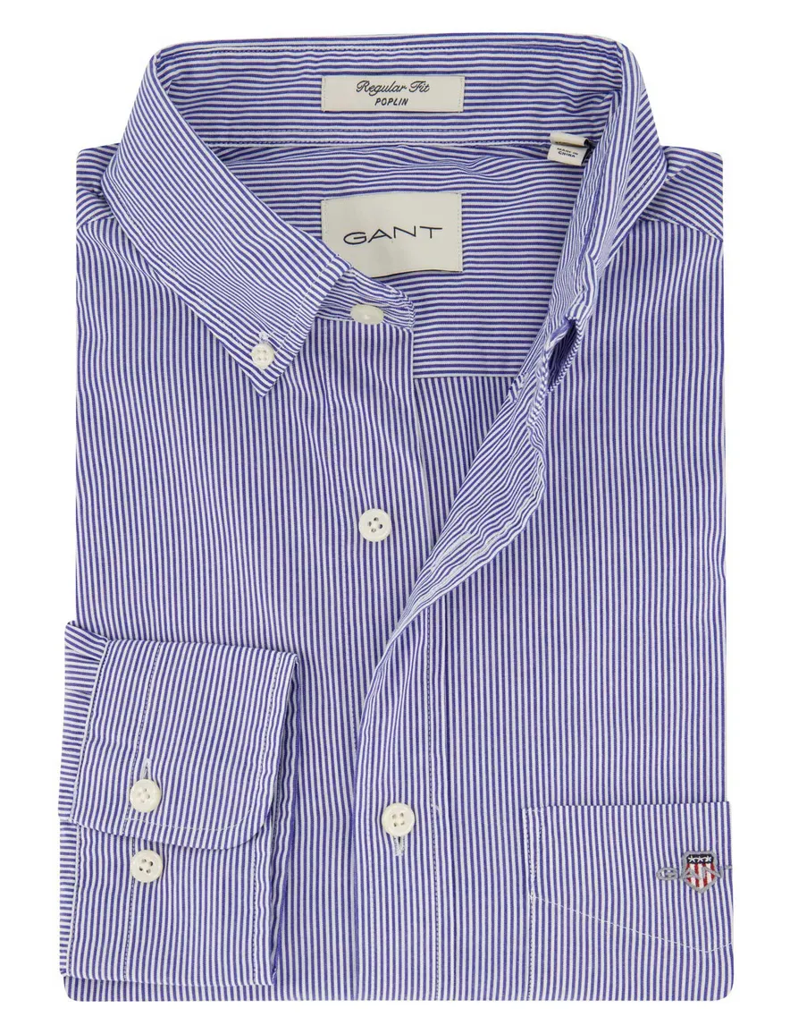 Gant Poplin overhemd blauw wit gestreept borstzak