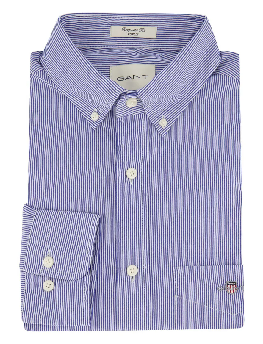 Gant Poplin overhemd blauw wit gestreept borstzak
