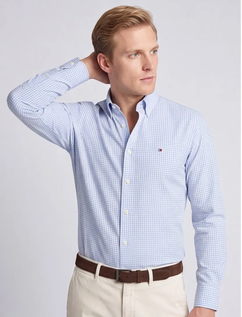 Tommy Hilfiger overhemd lichtblauw geruit regular fit katoen