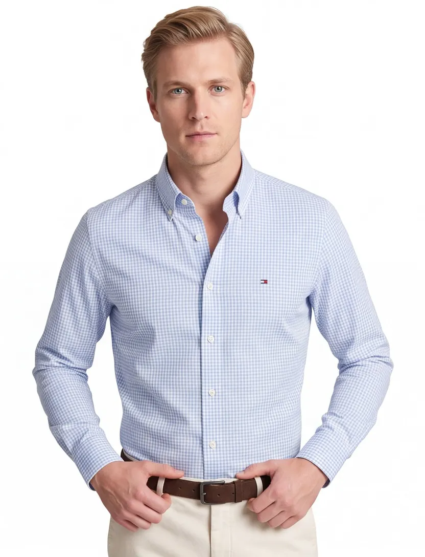 Tommy Hilfiger overhemd lichtblauw geruit regular fit katoen