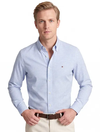 Tommy Hilfiger Tommy Hilfiger overhemd regular fit lichtblauw geruit katoen