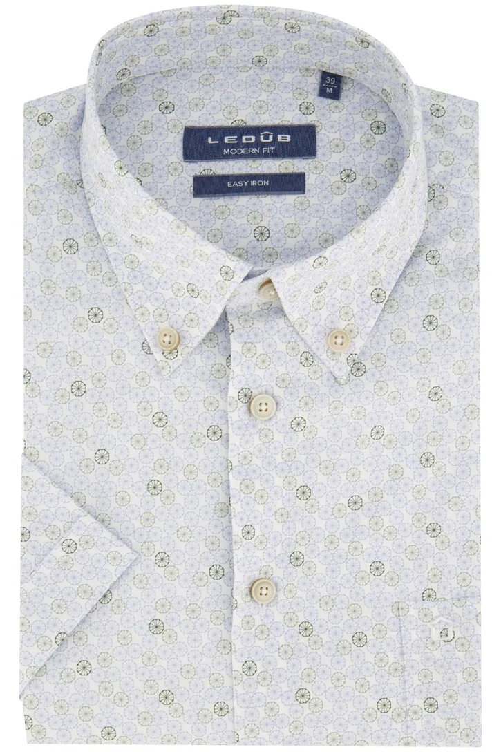 Ledub katoenen overhemd modern fit korte mouw lichtblauw geprint
