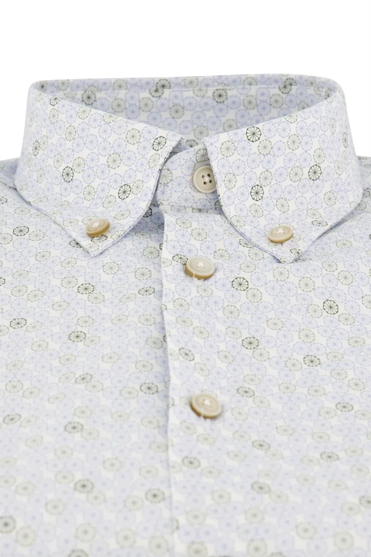 Ledub katoenen overhemd modern fit korte mouw lichtblauw geprint