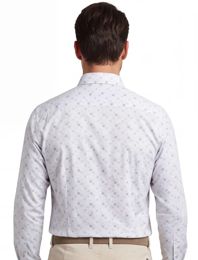 Ledub katoenen overhemd modern fit korte mouw lichtblauw geprint