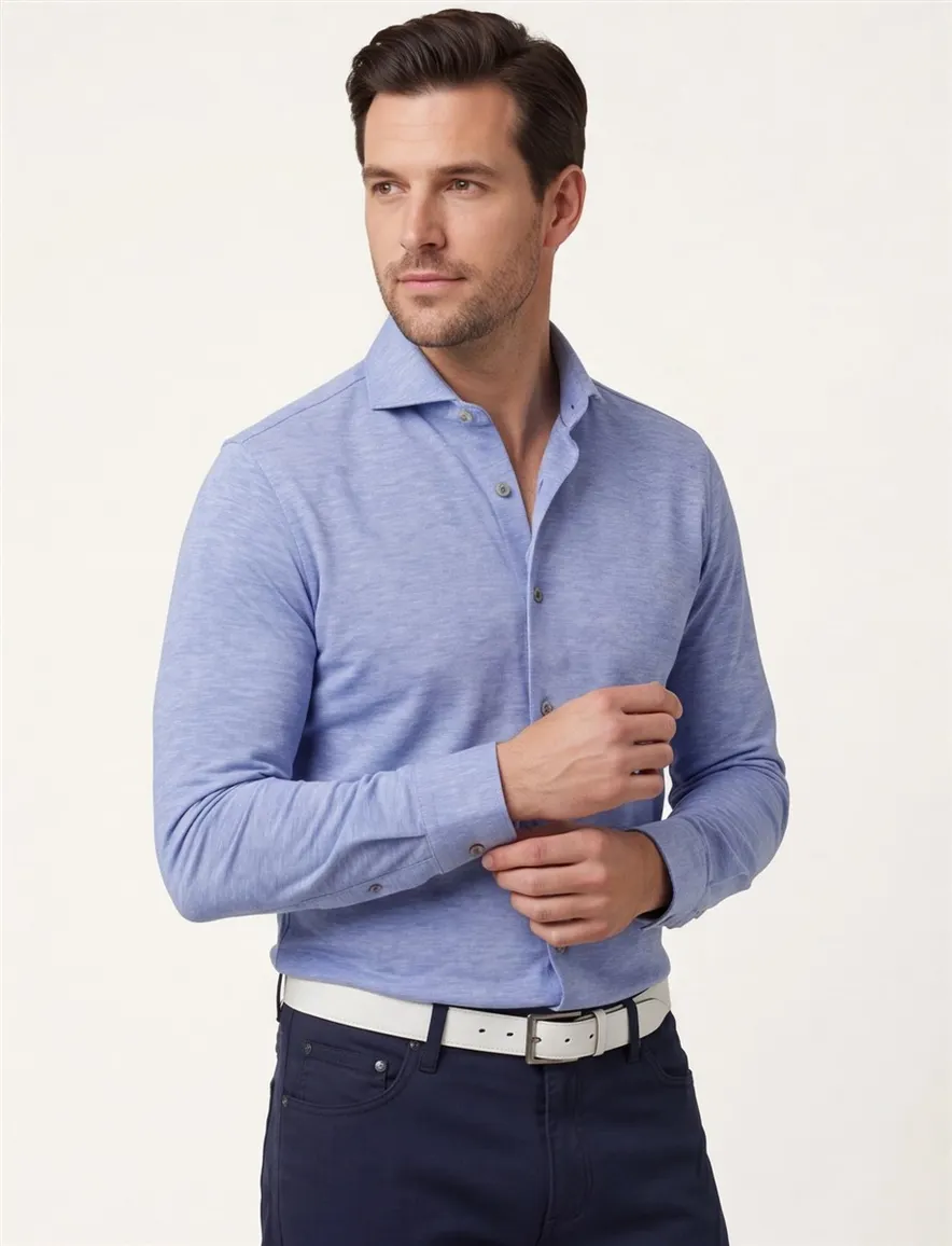 John Miller katoenen overhemd gemêleerd slim fit lichtblauw