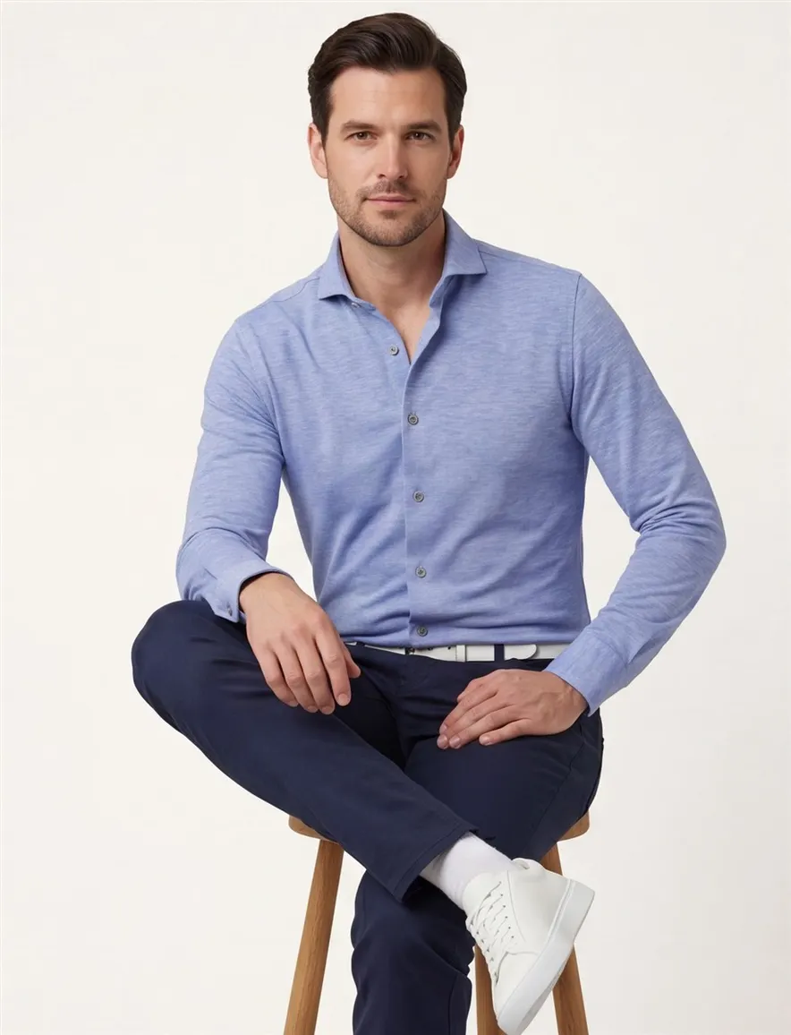 John Miller katoenen overhemd gemêleerd slim fit lichtblauw