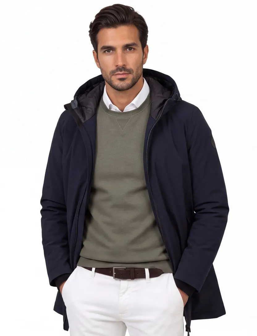 winterjas People of Shibuya donkerblauw effen rits normale fit