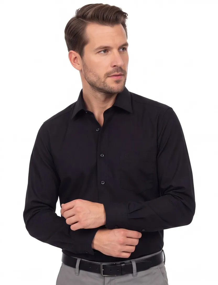 overhemd Casa Moda mouwlengte 7 normale fit zwart effen katoen