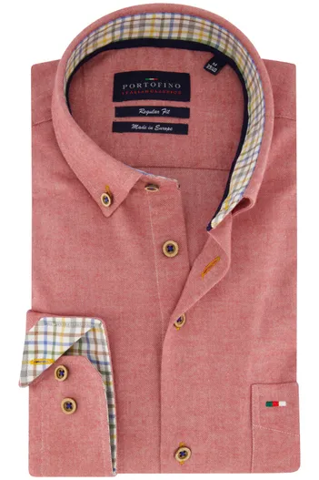 Portofino Portofino casual overhemd wijde fit rood effen bruine knopen katoen