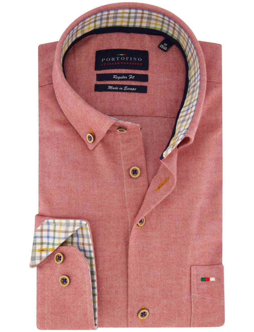 Portofino casual overhemd wijde fit rood effen katoen bruine knopen