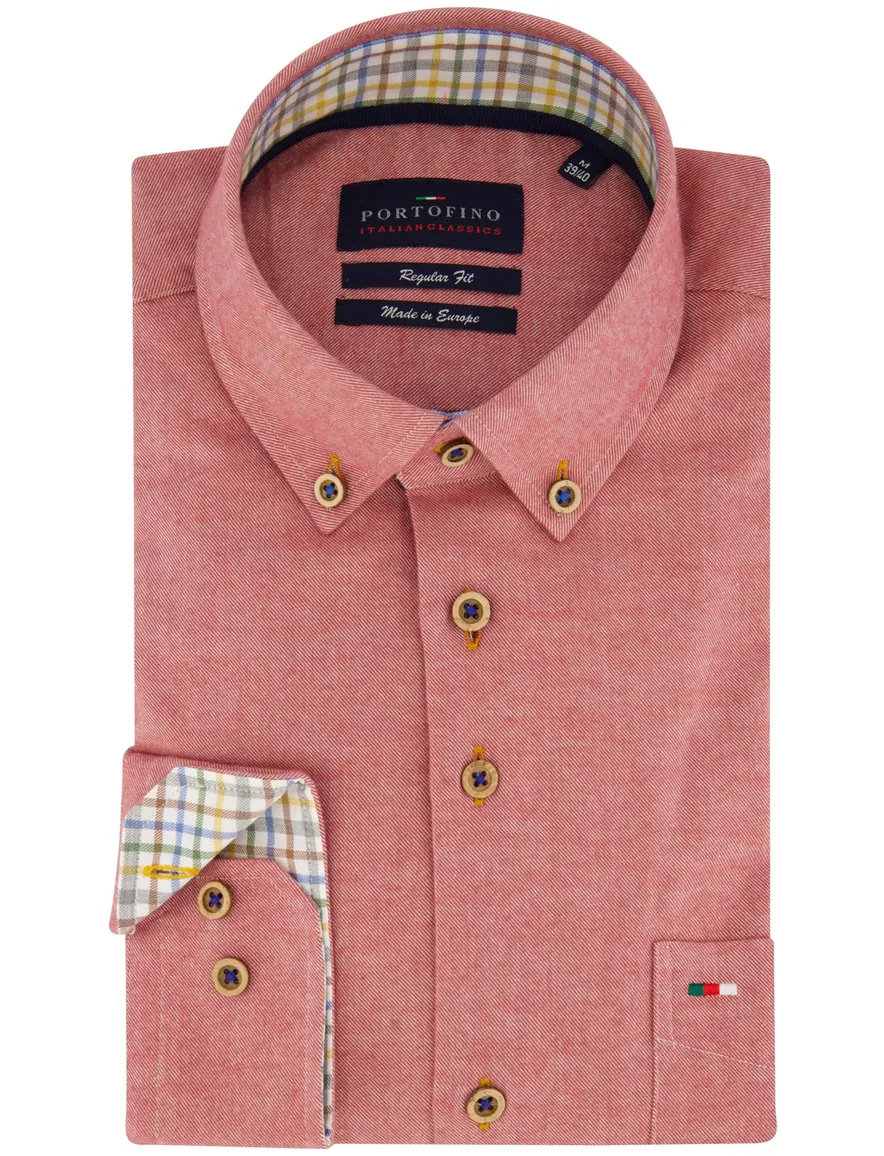 Portofino casual overhemd wijde fit rood effen katoen bruine knopen