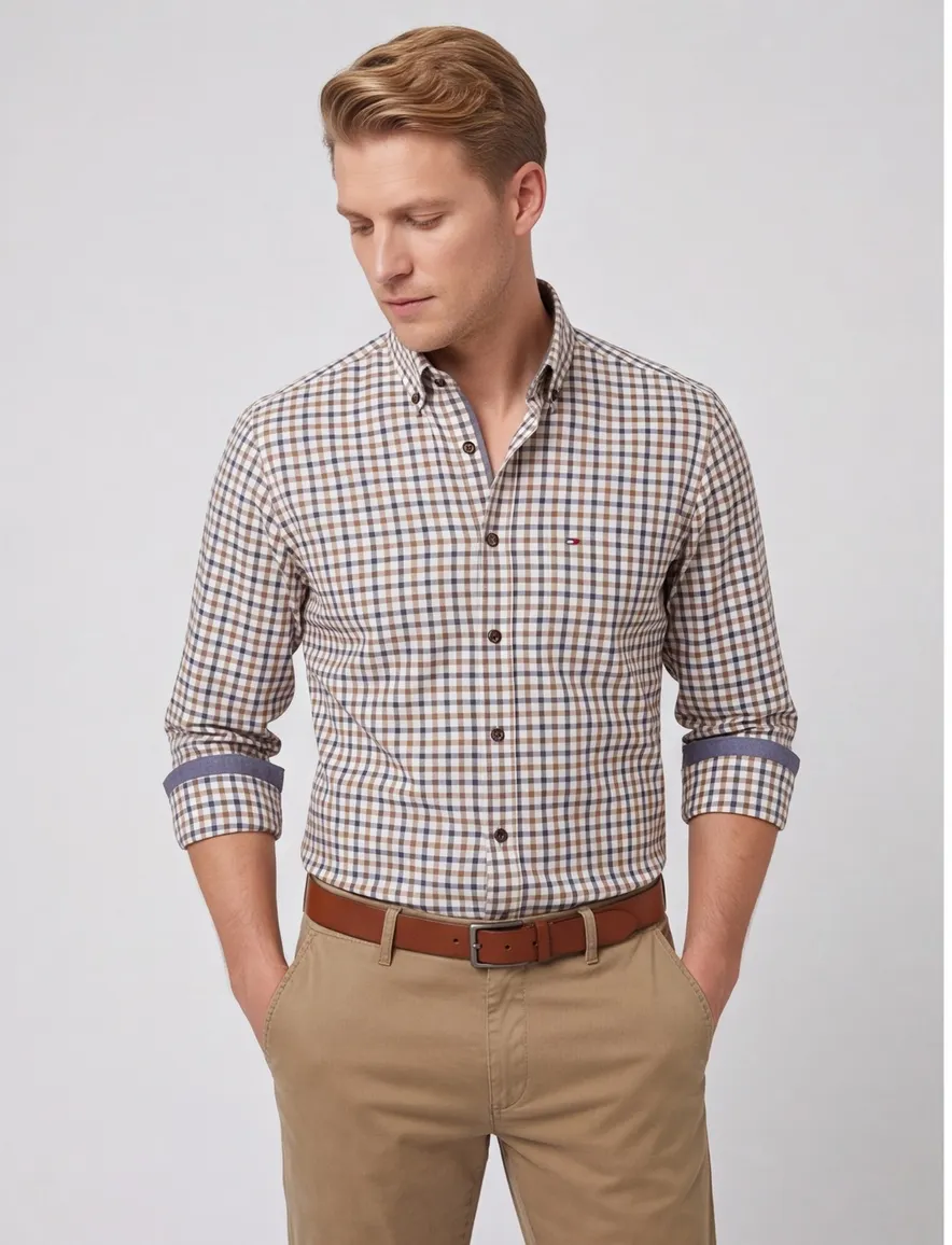 Portofino casual overhemd wijde fit geel blauw geruit katoen