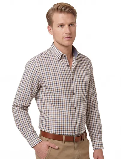 Portofino Portofino casual overhemd wijde fit geel blauw geruit katoen