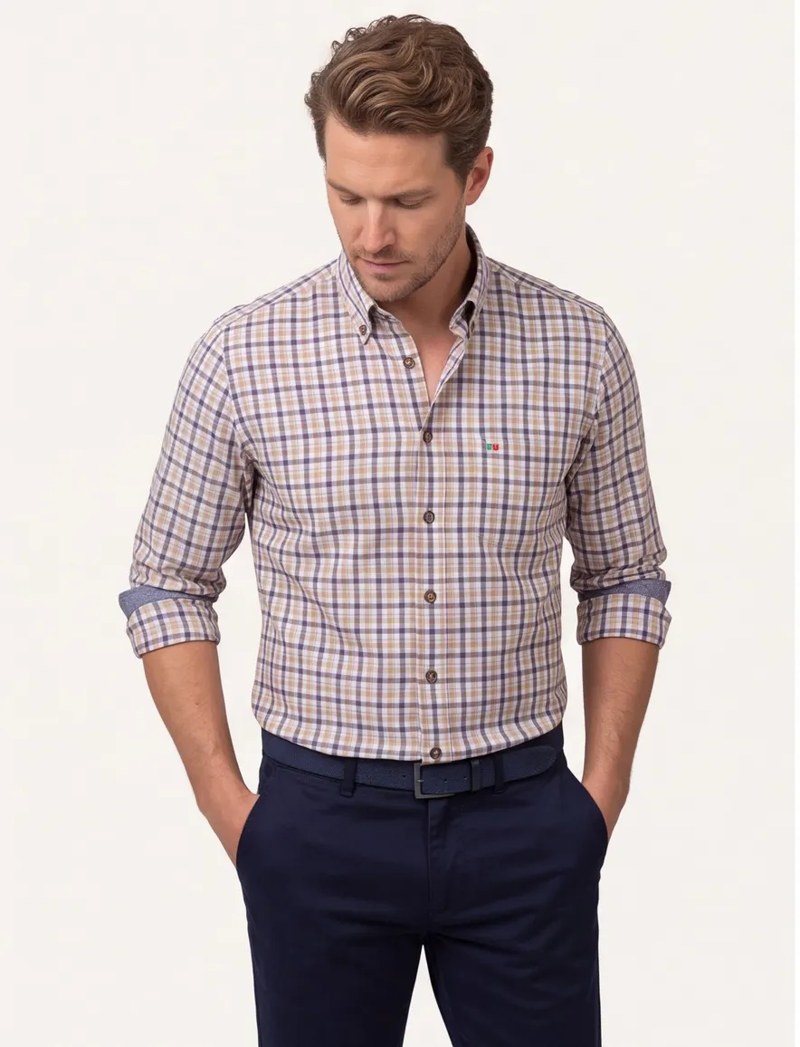 Portofino casual overhemd wijde fit blauw geruit katoen button-down