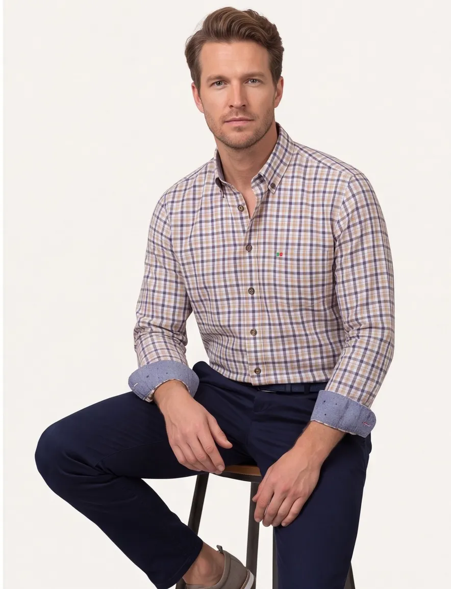 Portofino casual overhemd wijde fit blauw geruit katoen button-down