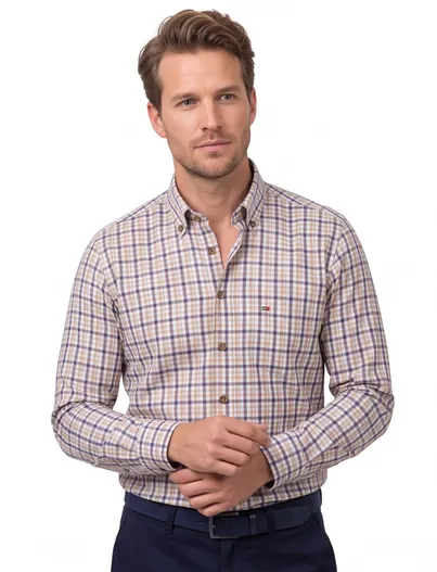 Portofino Portofino casual overhemd wijde fit blauw geruit katoen button-down