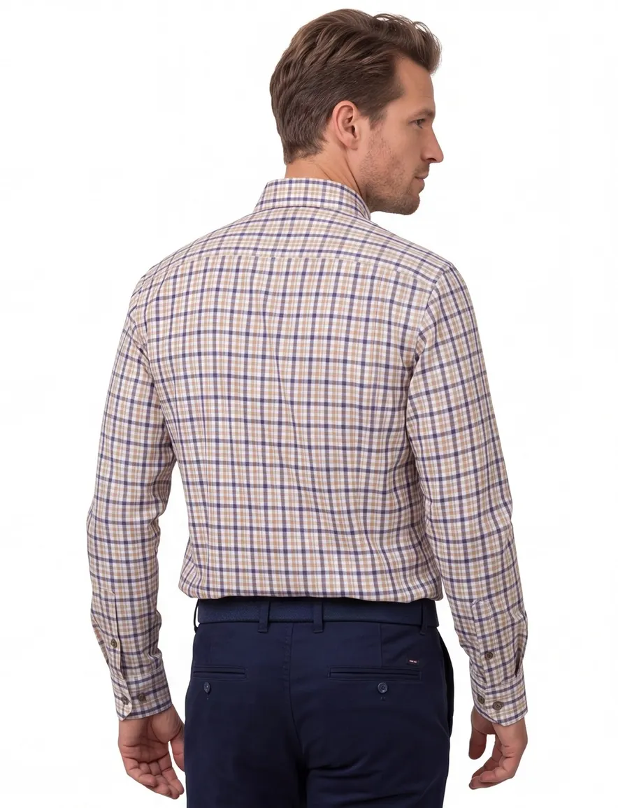 Portofino casual overhemd wijde fit blauw geruit katoen button-down