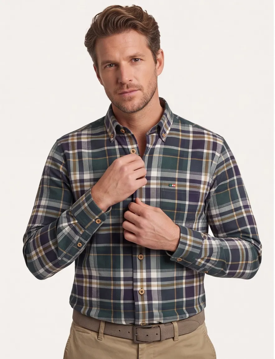 Portofino casual overhemd wijde fit groen geruit katoen button-down