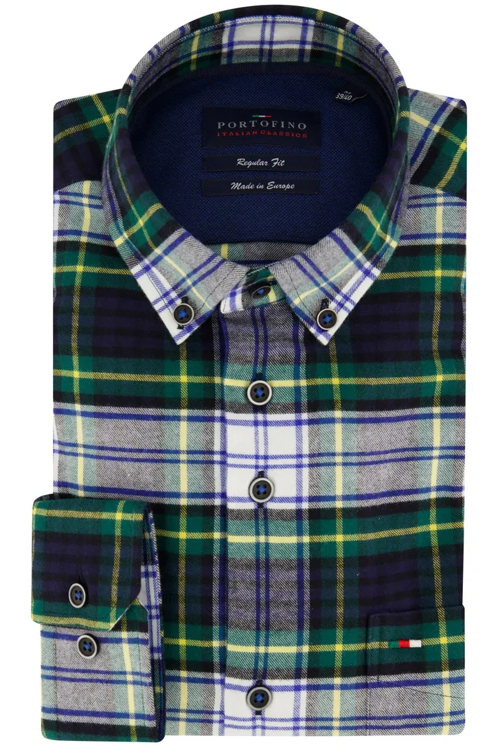 Portofino casual overhemd wijde fit donkerblauw geel groen geruit katoen