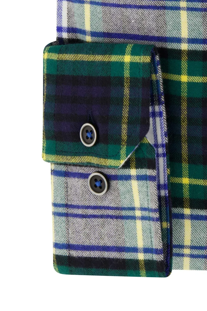 Portofino casual overhemd wijde fit donkerblauw geel groen geruit katoen