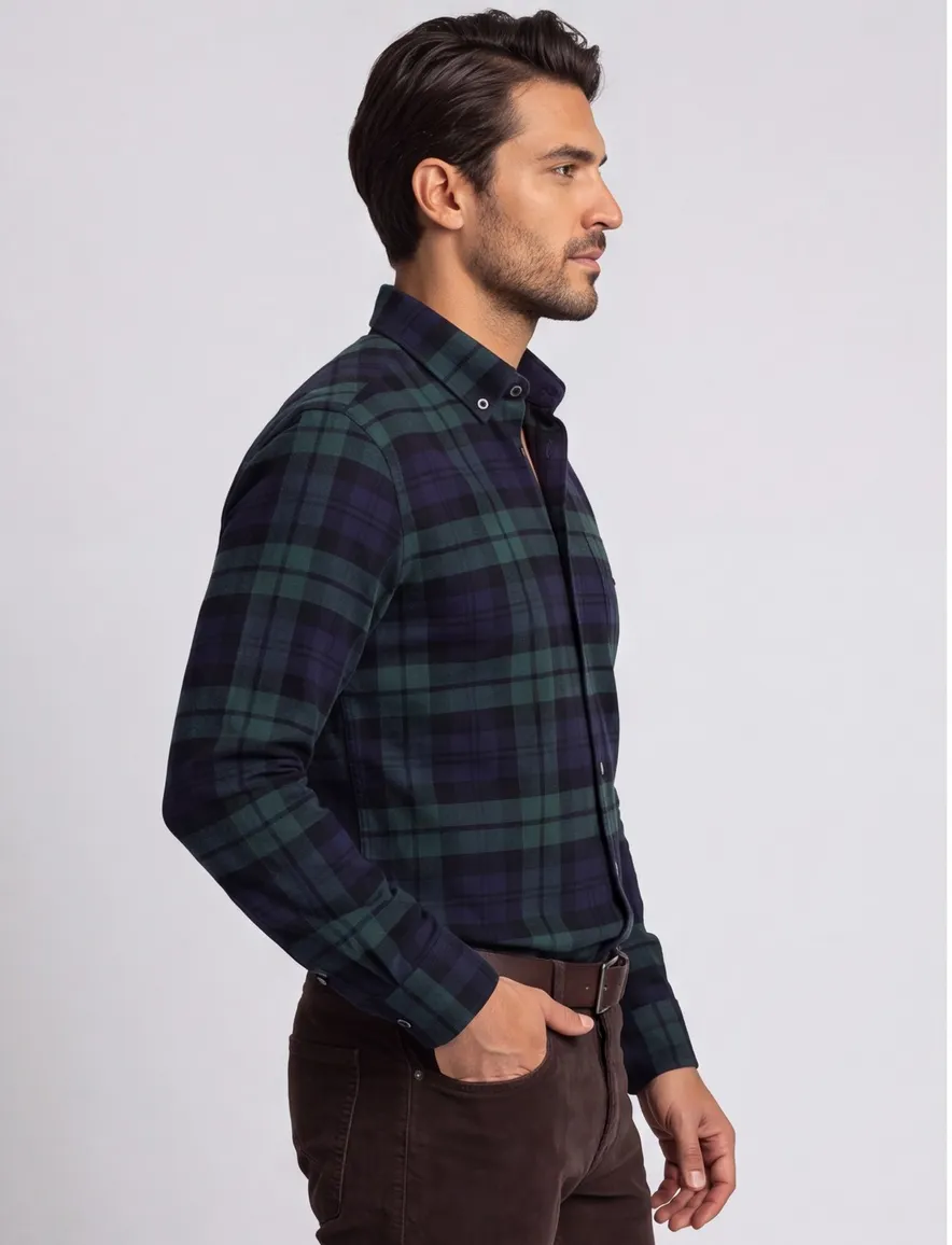 Portofino casual overhemd wijde fit donkerblauw geruit katoen flannel