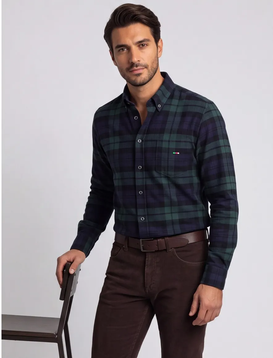 Portofino casual overhemd wijde fit donkerblauw geruit katoen flannel