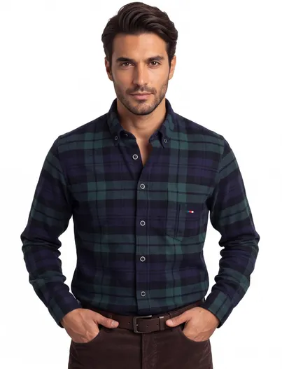 Portofino Portofino casual overhemd wijde fit donkerblauw geruit katoen flannel