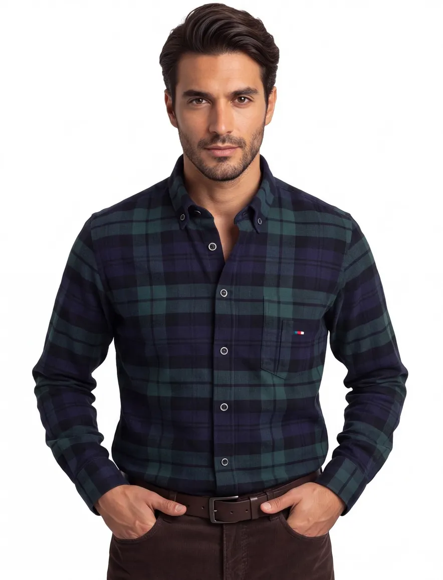 Portofino casual overhemd wijde fit donkerblauw geruit katoen flannel